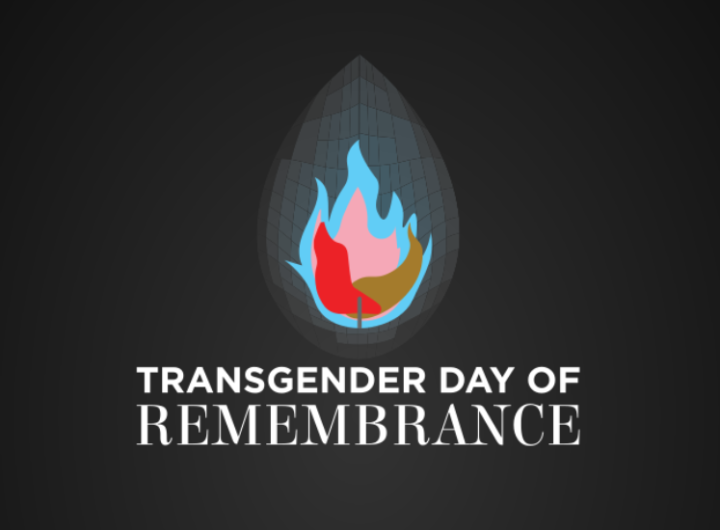 A flame graphic within a teardrop shape, titled "Transgender Day of Remembrance."