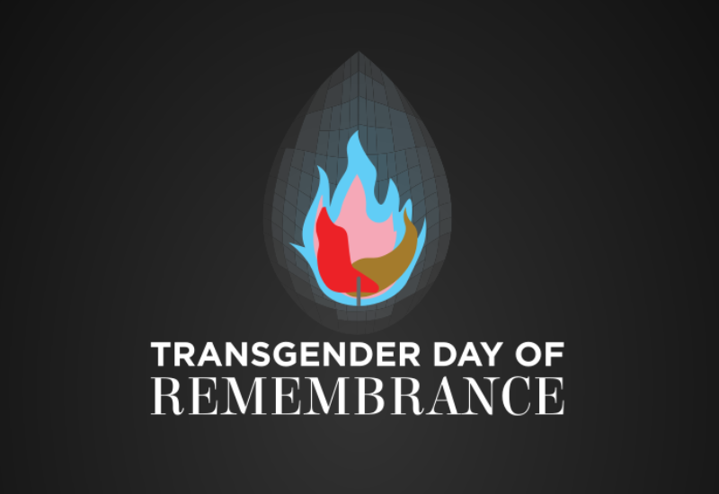 A flame graphic within a teardrop shape, titled "Transgender Day of Remembrance."