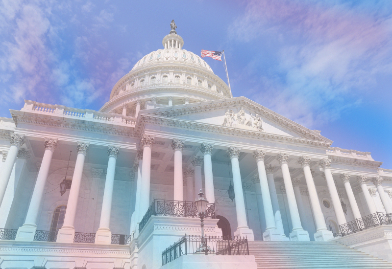 Pastel-toned image of the United States Capitol building under a soft sky.