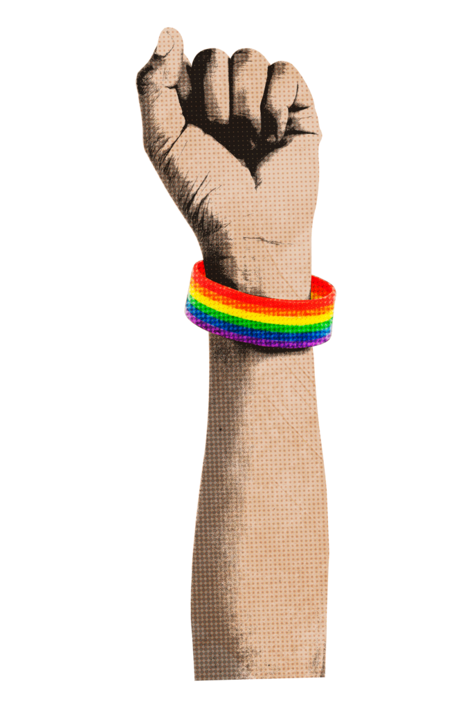 Raised fist wearing a rainbow wristband.