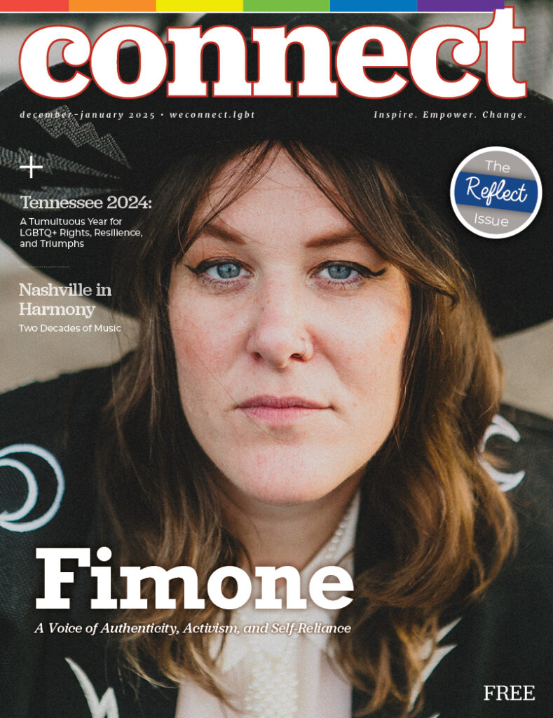 Magazine cover with text "Fimone" over a person wearing a blazer, labelled "The Reflect Issue".