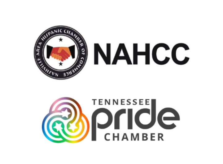 Logos of the Nashville Area Hispanic Chamber of Commerce (NAHCC) and Tennessee Pride Chamber, promoting diversity and inclusion.