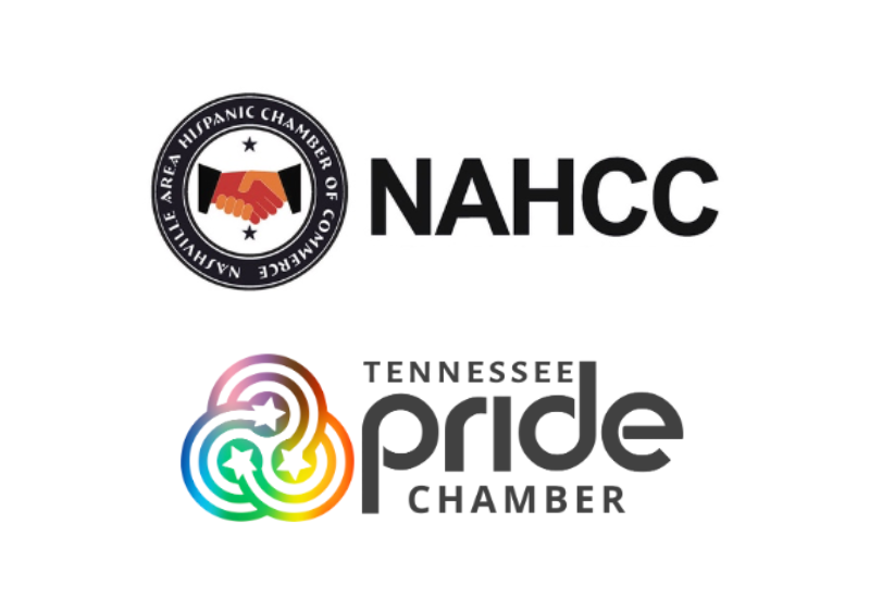 Logos of the Nashville Area Hispanic Chamber of Commerce (NAHCC) and Tennessee Pride Chamber, promoting diversity and inclusion.
