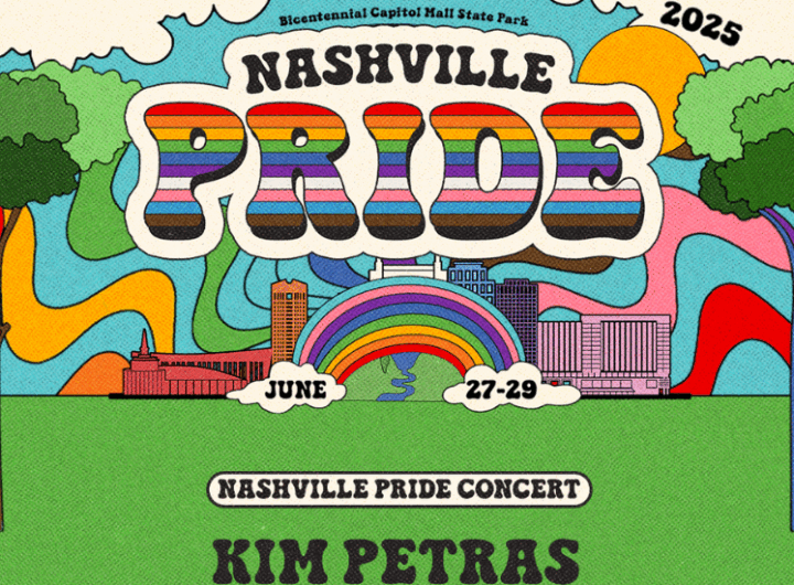 Colorful poster for Nashville Pride 2025, featuring event details, a rainbow, city skyline, and Kim Petras as the concert headliner.