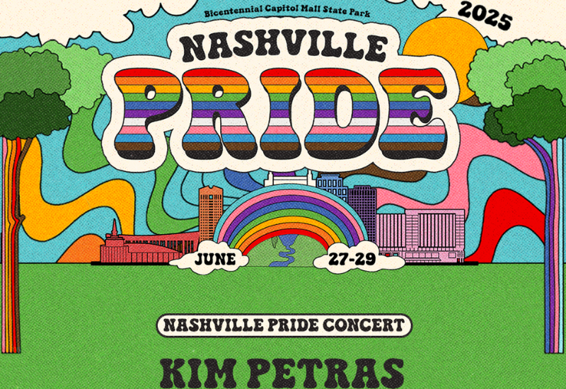 Colorful poster for Nashville Pride 2025, featuring event details, a rainbow, city skyline, and Kim Petras as the concert headliner.