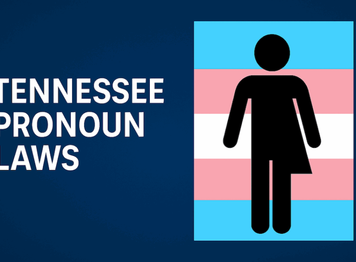 Graphic depicting the text "Tennessee Pronoun Laws" alongside a stylized transgender symbol against blue and pink stripes.