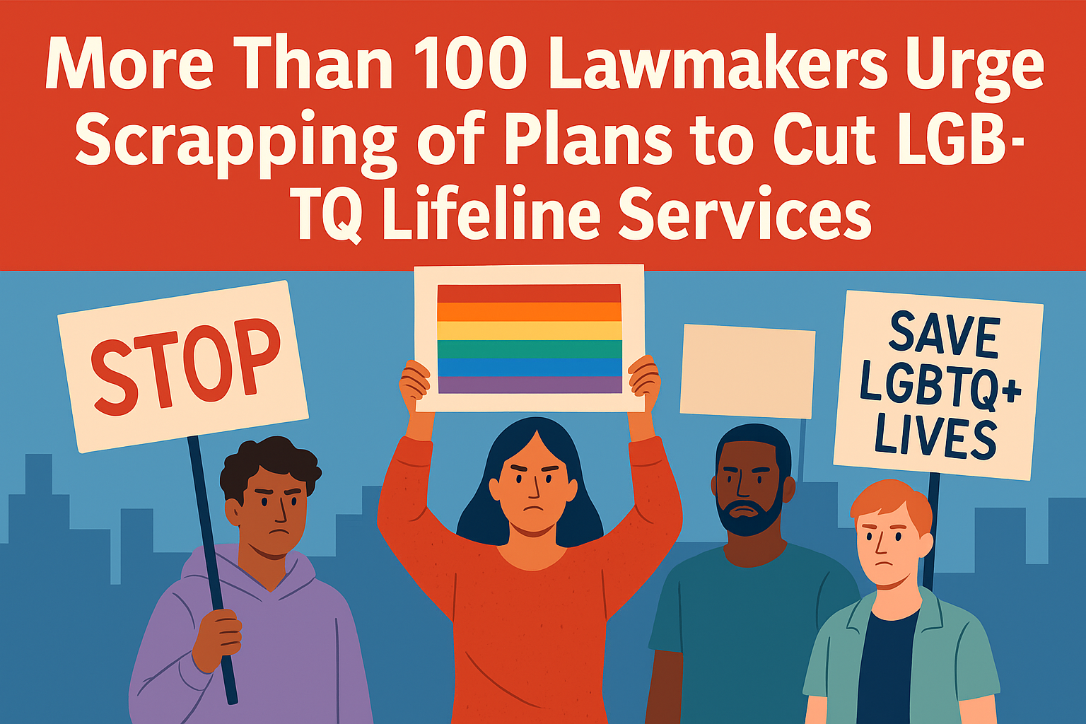 A group of protesters holds signs advocating for the protection of LGBTQ+ lifeline services against proposed cuts, set against a city skyline.