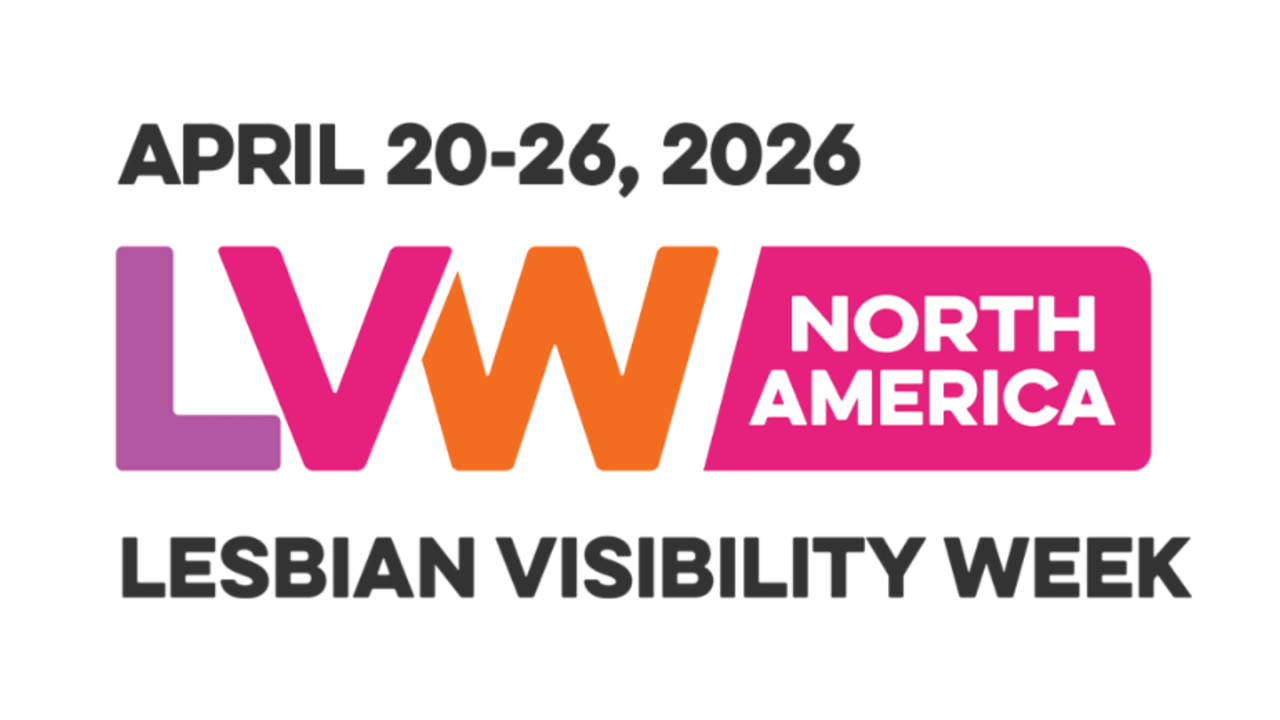 Logo for Lesbian Visibility Week North America, April 20-26, 2026, with "LVW" in purple and orange and bold black text.