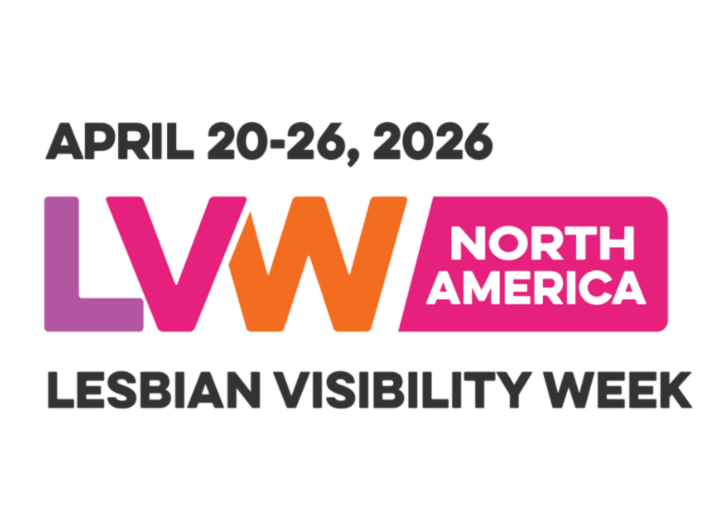 Logo for Lesbian Visibility Week North America, April 20-26, 2026, with "LVW" in purple and orange and bold black text.