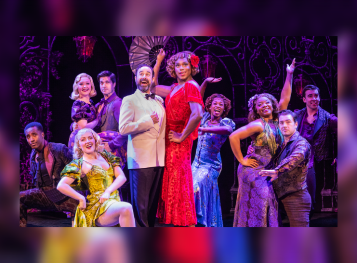 Theatrical cast dressed in vibrant 1920s-style costumes posed on stage with dramatic lighting and ornate backdrop.